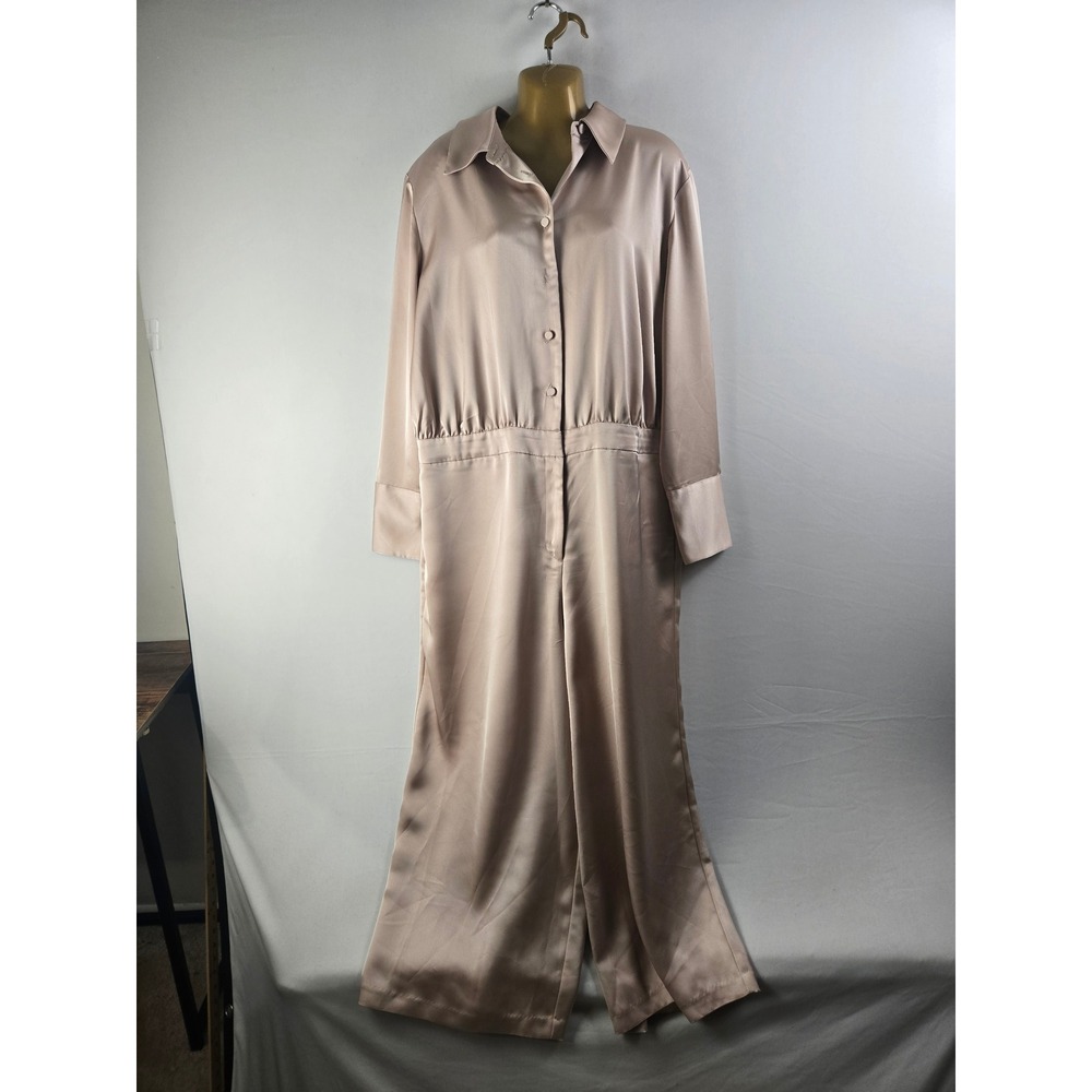 ELOQUII Satin Long Sleeve Wide Leg Jumpsuit Champagne Collared Button Front 16